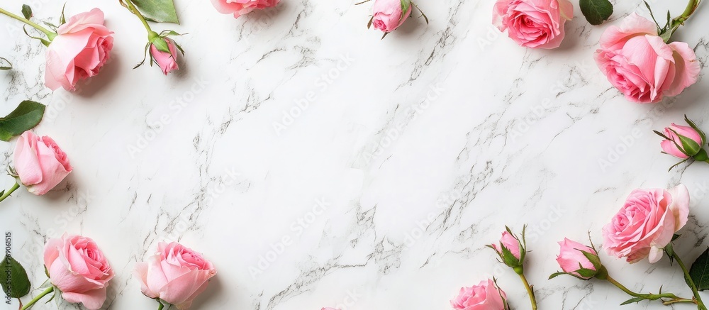Aufkleber frame adorned with pink roses set against a white marble background. with copy space image. place fo
