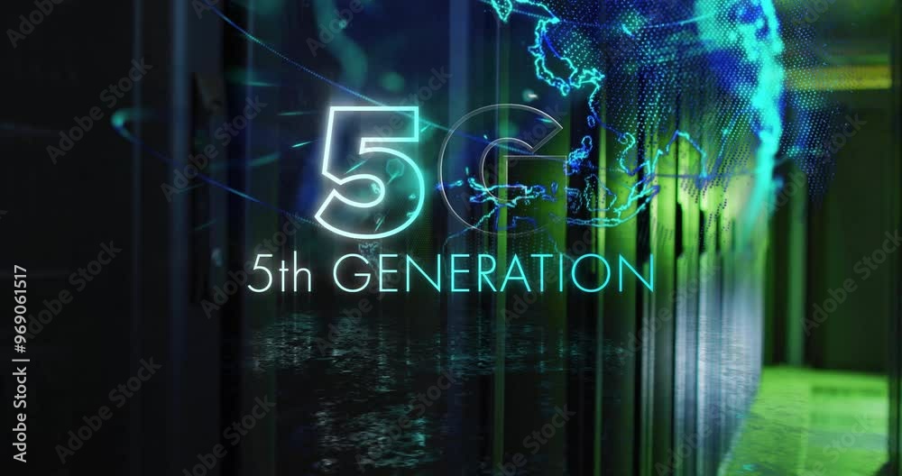Poster animation of 5g 5th generation text and digital data processing over computer servers