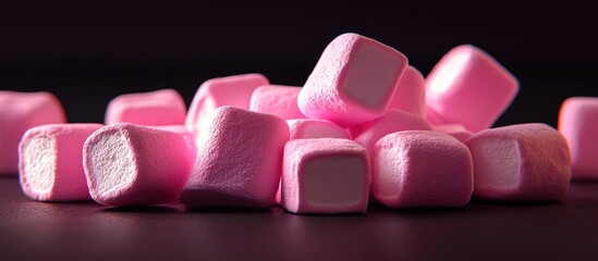 Pink marshmallows a sweet and delicate treat set against a dark background. with copy space image. Place for adding text or design