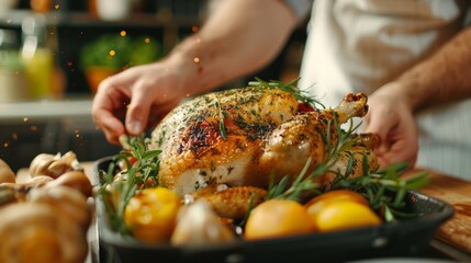 Home cook seasoning a roast chicken with herbs and spices, preparing for roasting in a modern kitchen