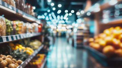 inside a supermarket, aisle, goods shelves, lights
