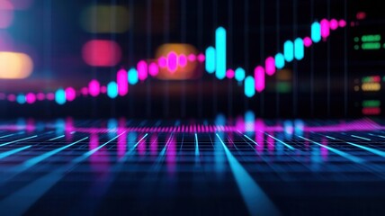 Digital rendering of a fluctuating stock market graph showing high returns, bold neon colors, financial analysis theme