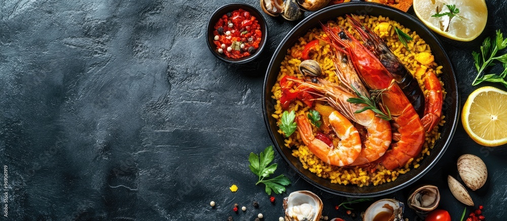 Poster spanish paella ingredients on a black stone background top view. with copy space image. place for ad