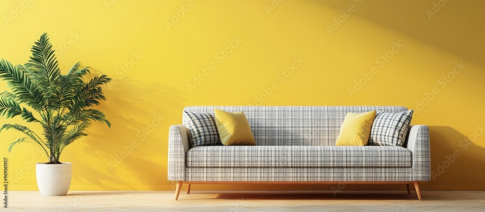 Aufkleber stylish sofa with a plaid pattern next to a yellow wall in the living room. with copy space image. p