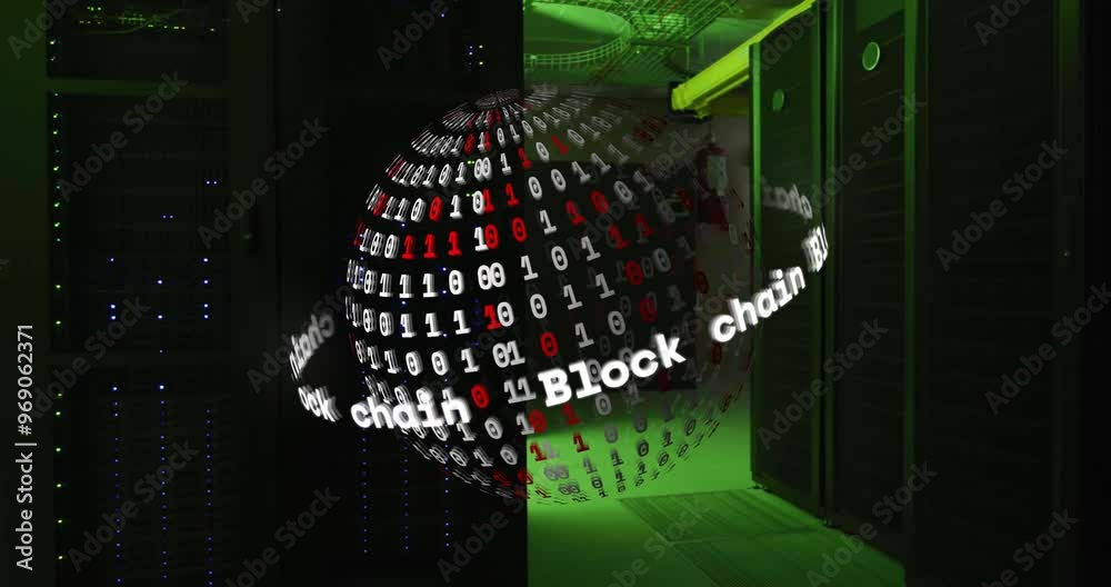 Poster animation of globe with binary coding and digital data processing over computer servers