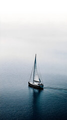 Fototapeta premium A dark blue yacht sailing on a calm white sea showcasing tranquility and freedom of the open water