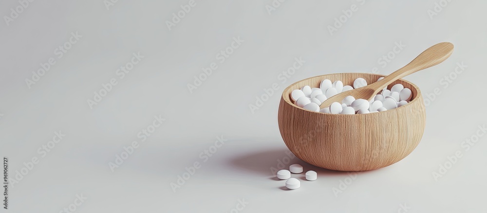 Aufkleber medication in wooden container and spoon. with copy space image. Place for adding text or design