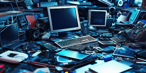 High-Tech Hoarder: An overcrowded desk, littered with every tech gadget imaginable.