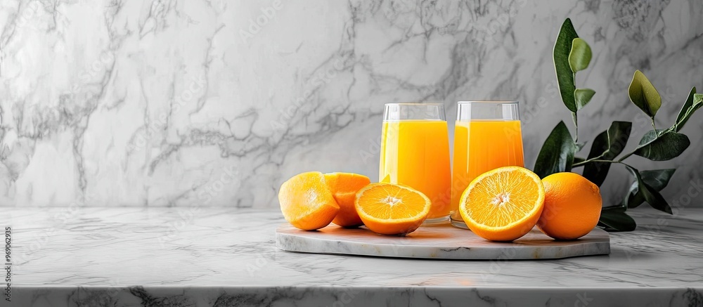 Poster arrangement featuring orange juice and fresh fruit on a table with space for text. with copy space i