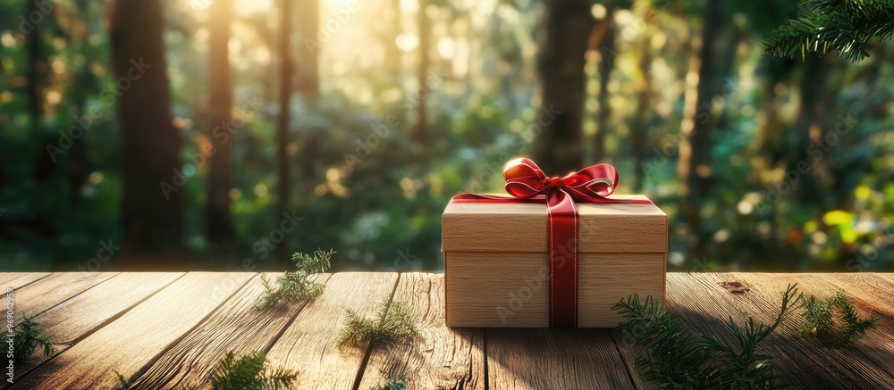 Poster Gift box on wood with a forest backdrop. with copy space image. Place for adding text or design