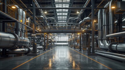 Fototapeta premium Industrial warehouse with a network of visible pipes and ducts, showcasing a large storage area and open space