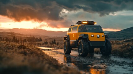 Obraz premium Autonomous AI-powered emergency response vehicles reaching disaster zones: AI-controlled vehicles navigating hazardous terrains to provide immediate emergency relief in disaster-affected areas.