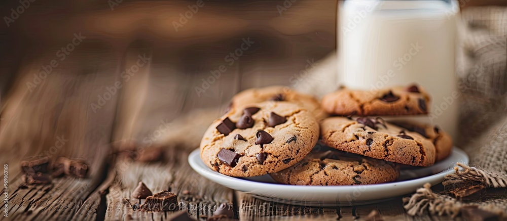 Fototapete Delicious cookies and a glass of milk on a rustic wooden backdrop. with copy space image. Place for adding text or design