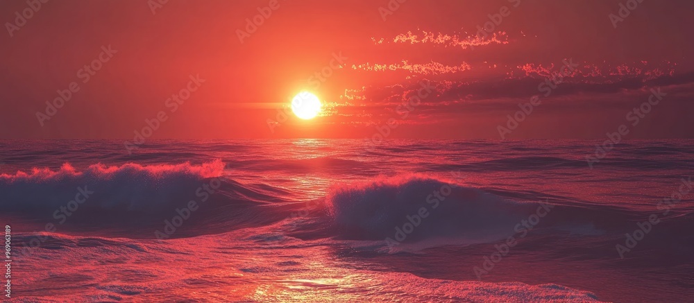 Aufkleber A red sunset above the ocean along the shore. with copy space image. Place for adding text or design