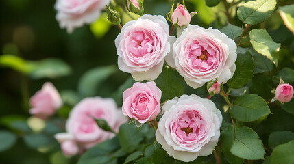 Delicate pink roses bloom against lush green leaves creating a serene and enchanting garden atmosphere