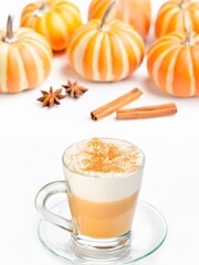 Pumpkin Spice Latte with Whipped Cream and Seasonal Decorations on a white background, autumn drinks