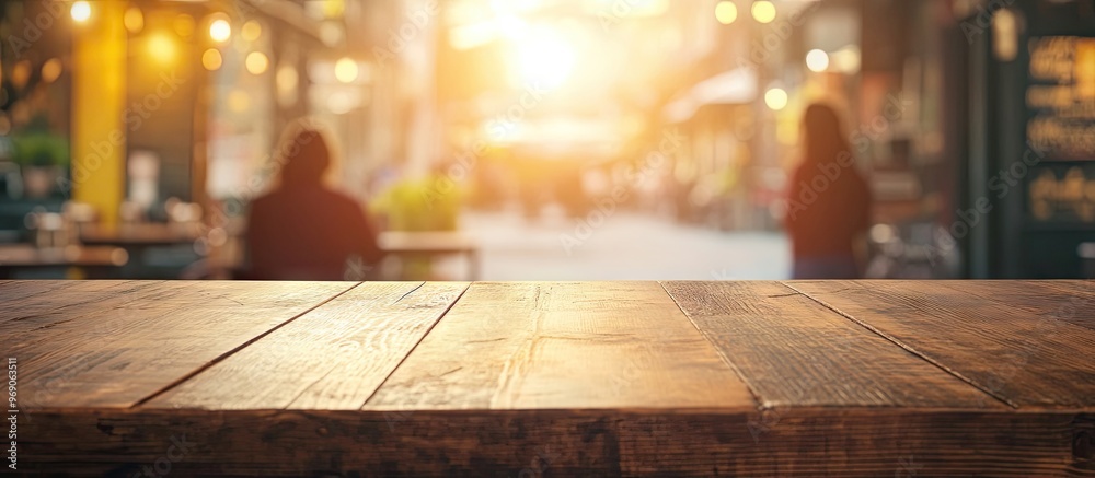 Poster selective empty wooden table in front of a blurred young tourist in a coffee shop background with su