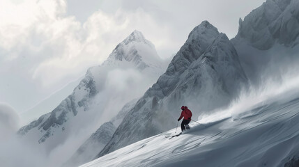 Skier skiing downhill in high mountains.