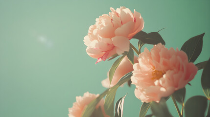 Pink peonies bloom gracefully against a soft green backdrop, illuminated with gentle light, creating a serene and tranquil atmosphere