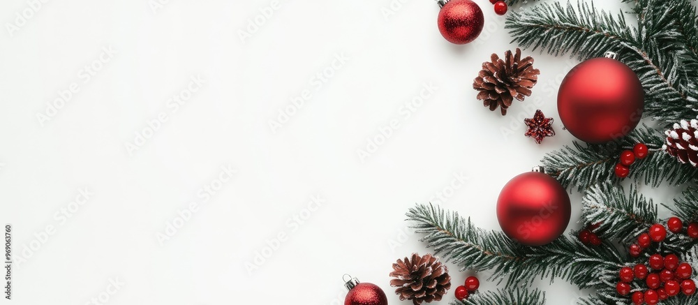 Poster Christmas holiday items on a white background featuring decorations for the Christmas tree. with copy space image. Place for adding text or design