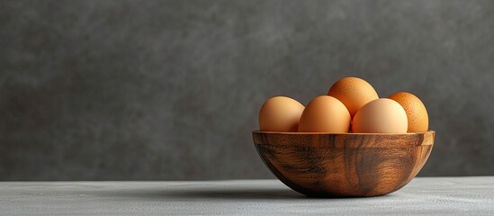 Raw eggs in a wooden bowl against a gray background Close up. with copy space image. Place for adding text or design