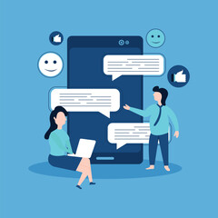 Woman is sitting at her laptop and chatting with handsome man with huge phone and emoji