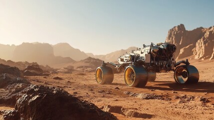 Autonomous AI-powered exploration rovers analyzing Martian terrain for human settlement: AI-driven machines exploring Mars to determine suitable locations for future human colonies.
