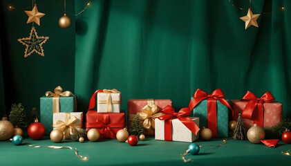 A bunch of Christmas presents lined up against a green backdrop wall surrounded by decorations