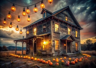 Flickering orange glow of vintage light bulbs casts an eerie atmosphere in an abandoned building on a spooky Halloween night.