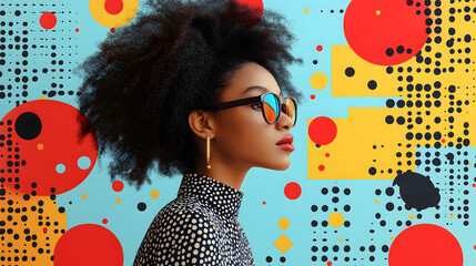 Portrait of a Creative Woman: Geometric Flat Illustration with Vibrant Shapes and Colors on a Patterned Grid Background