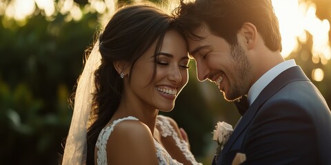 Outdoor Wedding Setting with a Newlywed Couple Embracing and Laughing