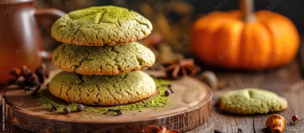 Poster matcha tea and pumpkin cookies for a halloween themed afternoon snack. with copy space image. place 