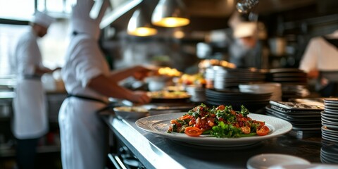 Fototapeta premium Upscale Restaurant Kitchen with a Professional Chef Showcasing Gourmet Cuisine