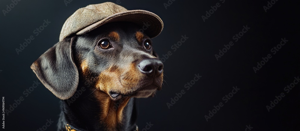 Fototapete portrait of a dog in a studio gazing at the camera while wearing a hat. with copy space image. place