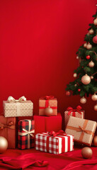A bunch of Christmas presents lined up against a red backdrop wall surrounded by decorations