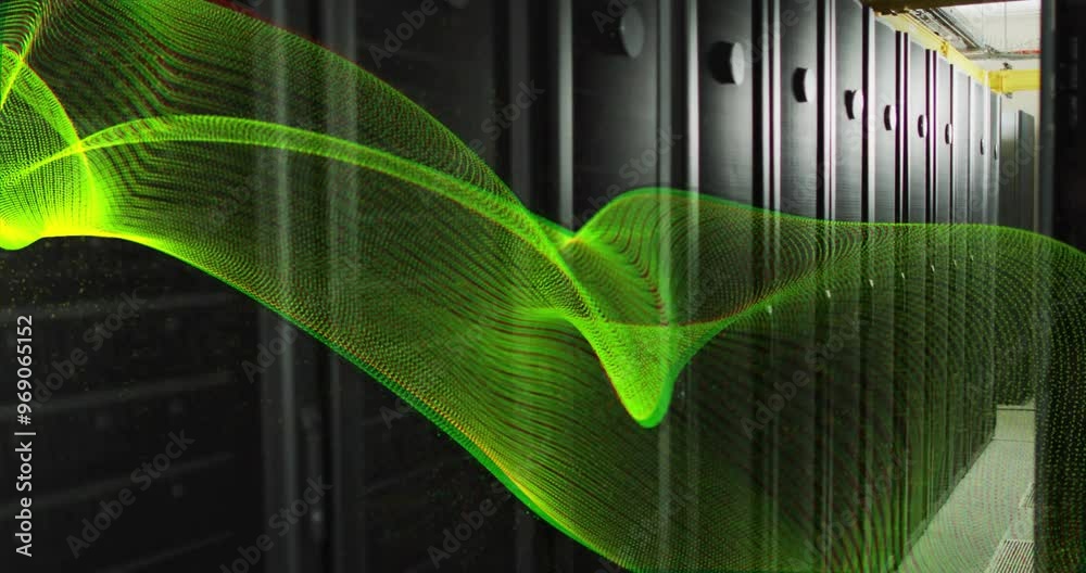 Poster animation of green mesh and digital data processing over computer servers