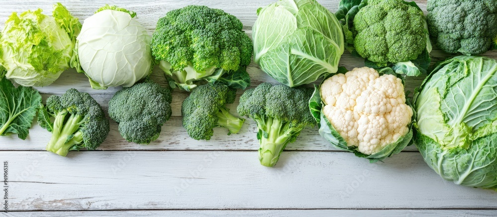 Poster different types of cabbage broccoli and cauliflower an assortment of cabbages on a white wooden back