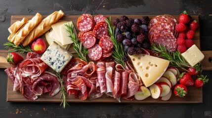 Overhead shot of a beautifully arranged charcuterie board with meats, cheeses, and fruits