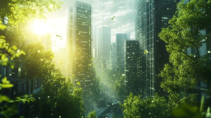 Obraz premium Futuristic air purification systems with AI controlling city-wide environmental health: An advanced system filtering and purifying the air in a densely populated urban area.