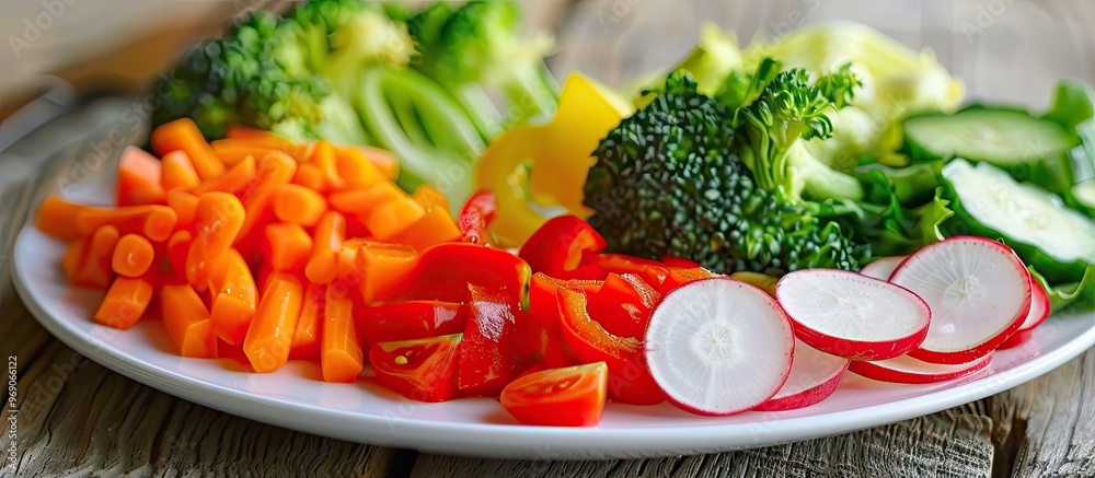 Poster miniature arrangement of colorful vegetables on a white plate. with copy space image. place for addi