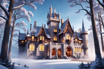 Fototapeta premium A majestic forest castle stands tall amidst a serene snowy winter landscape in a highly detailed 3D illustration scene,
