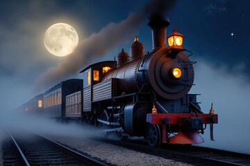 A misty night scene of a vintage steam train, its metal body adorned with rusty rivets and worn wooden panels