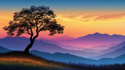 Fototapeta premium Silhouette of a Tree at Sunset Over Mountains