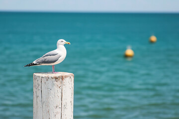 A seagull overlooks the ocean from a rustic, weathered pier in a peaceful setting 