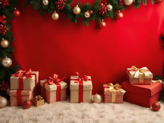 A bunch of Christmas presents lined up against a red backdrop wall surrounded by decorations