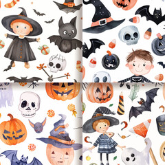 Cute Watercolor Halloween Pattern Seamless Kids Witch Bat Pumpkin Skull Ghost Candy