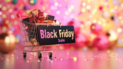 Black Friday Sale Shopping Cart with Wrapped Gifts