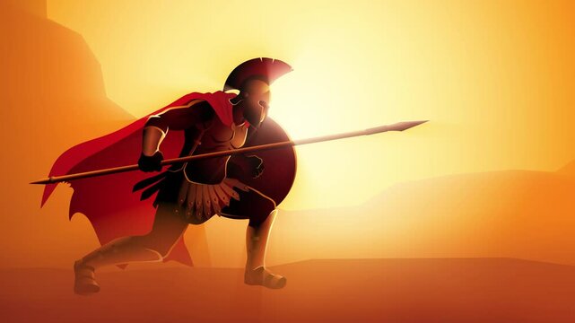 Motion graphic of a Spartan warrior in a powerful, battle ready stance, holding his shield and spear. Perfect for historical themes, video games, and storytelling contents