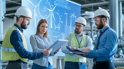 Group of professionals discussing renewable energy solutions at a conference, with charts showing the growth of wind and solar power