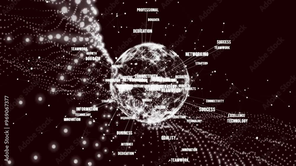 Poster animation of network of connections and data processing over globe